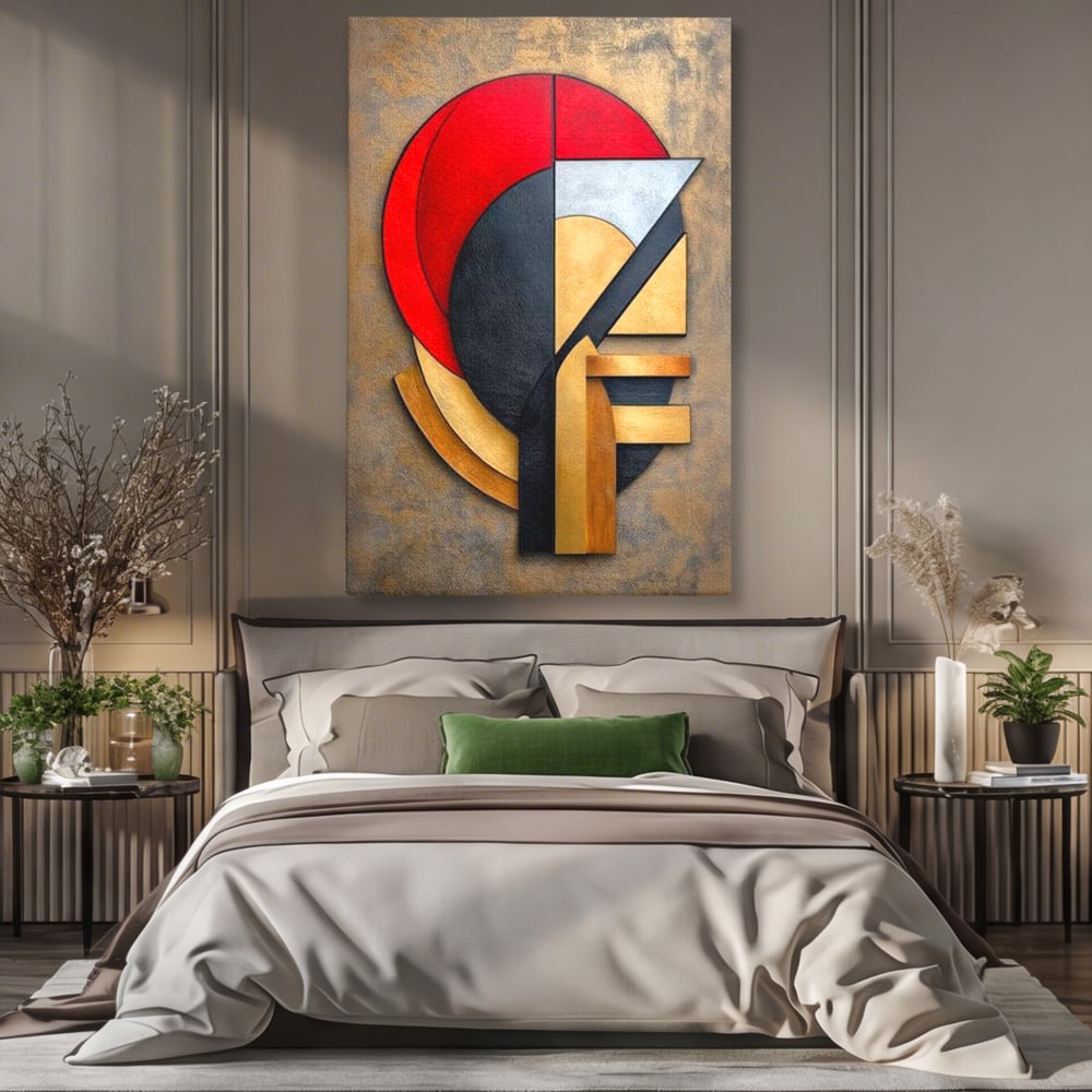 Tablou Canvas Premium, LuxCanva® J1001, Chip Fragmentat, Chip, Stilizat, Forme, Suprapus, Rosu. Galben, Echilibru, Disociere, Arta, Expozitie, Artist, Living, Dormitor