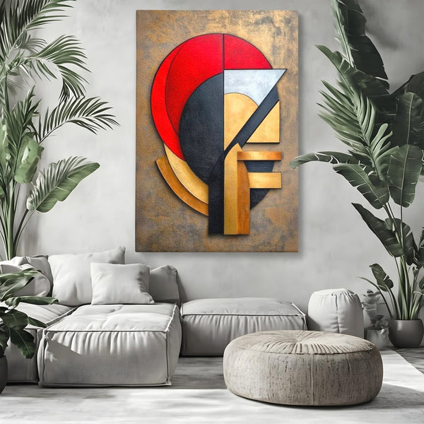Tablou Canvas Premium, LuxCanva® J1001, Chip Fragmentat, Chip, Stilizat, Forme, Suprapus, Rosu. Galben, Echilibru, Disociere, Arta, Expozitie, Artist, Living, Dormitor