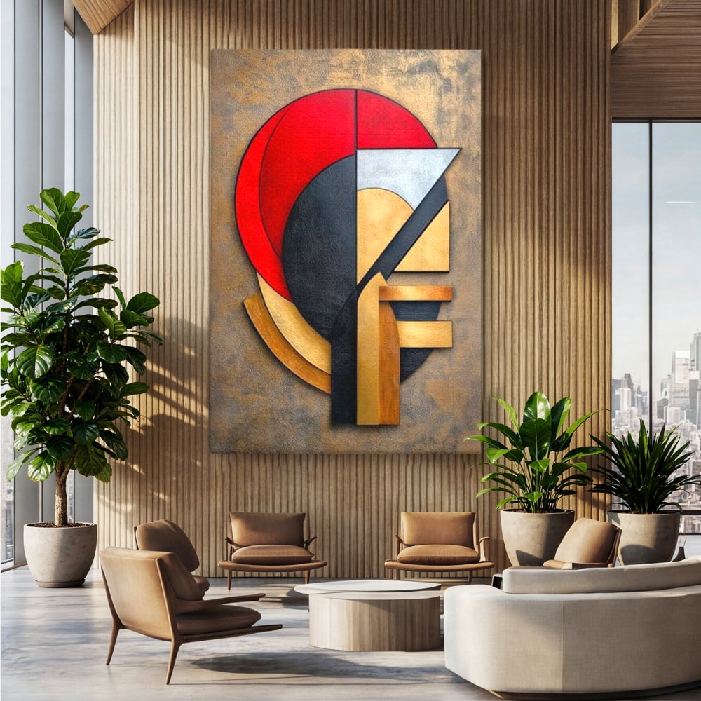 Tablou Canvas Premium, LuxCanva® J1001, Chip Fragmentat, Chip, Stilizat, Forme, Suprapus, Rosu. Galben, Echilibru, Disociere, Arta, Expozitie, Artist, Living, Dormitor