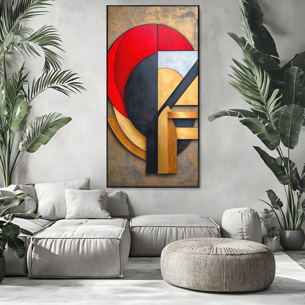 Tablou Canvas Premium, LuxCanva® J1001, Chip Fragmentat, Chip, Stilizat, Forme, Suprapus, Rosu. Galben, Echilibru, Disociere, Arta, Expozitie, Artist, Living, Dormitor