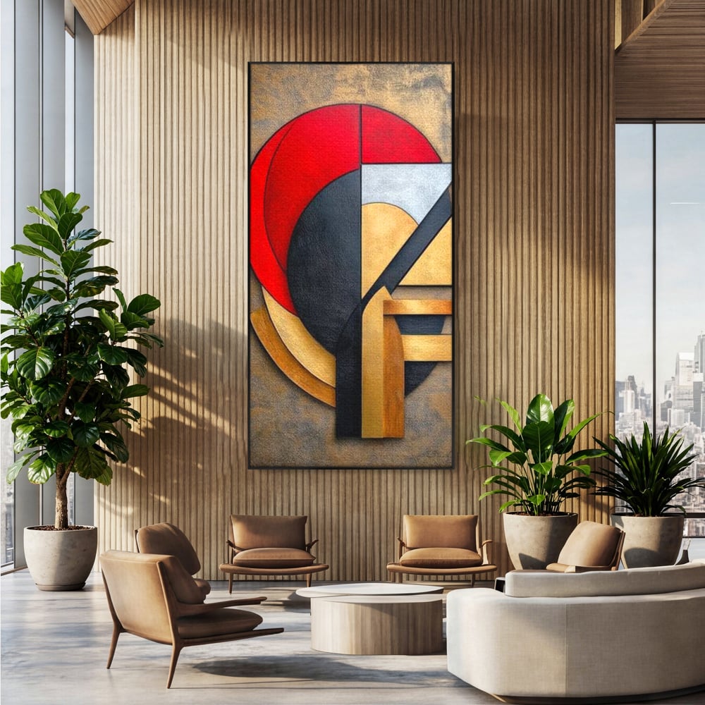 Tablou Canvas Premium, LuxCanva® J1001, Chip Fragmentat, Chip, Stilizat, Forme, Suprapus, Rosu. Galben, Echilibru, Disociere, Arta, Expozitie, Artist, Living, Dormitor