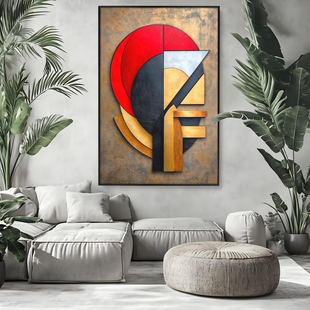 Tablou Canvas Premium, LuxCanva® J1001, Chip Fragmentat, Chip, Stilizat, Forme, Suprapus, Rosu. Galben, Echilibru, Disociere, Arta, Expozitie, Artist, Living, Dormitor