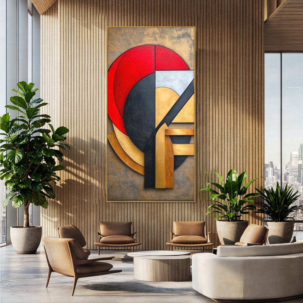 Tablou Canvas Premium, LuxCanva® J1001, Chip Fragmentat, Chip, Stilizat, Forme, Suprapus, Rosu. Galben, Echilibru, Disociere, Arta, Expozitie, Artist, Living, Dormitor