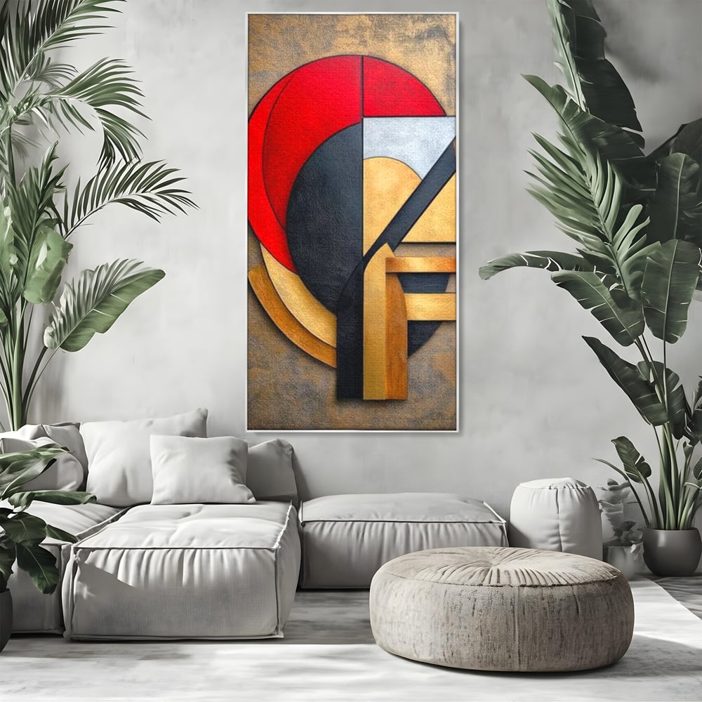 Tablou Canvas Premium, LuxCanva® J1001, Chip Fragmentat, Chip, Stilizat, Forme, Suprapus, Rosu. Galben, Echilibru, Disociere, Arta, Expozitie, Artist, Living, Dormitor