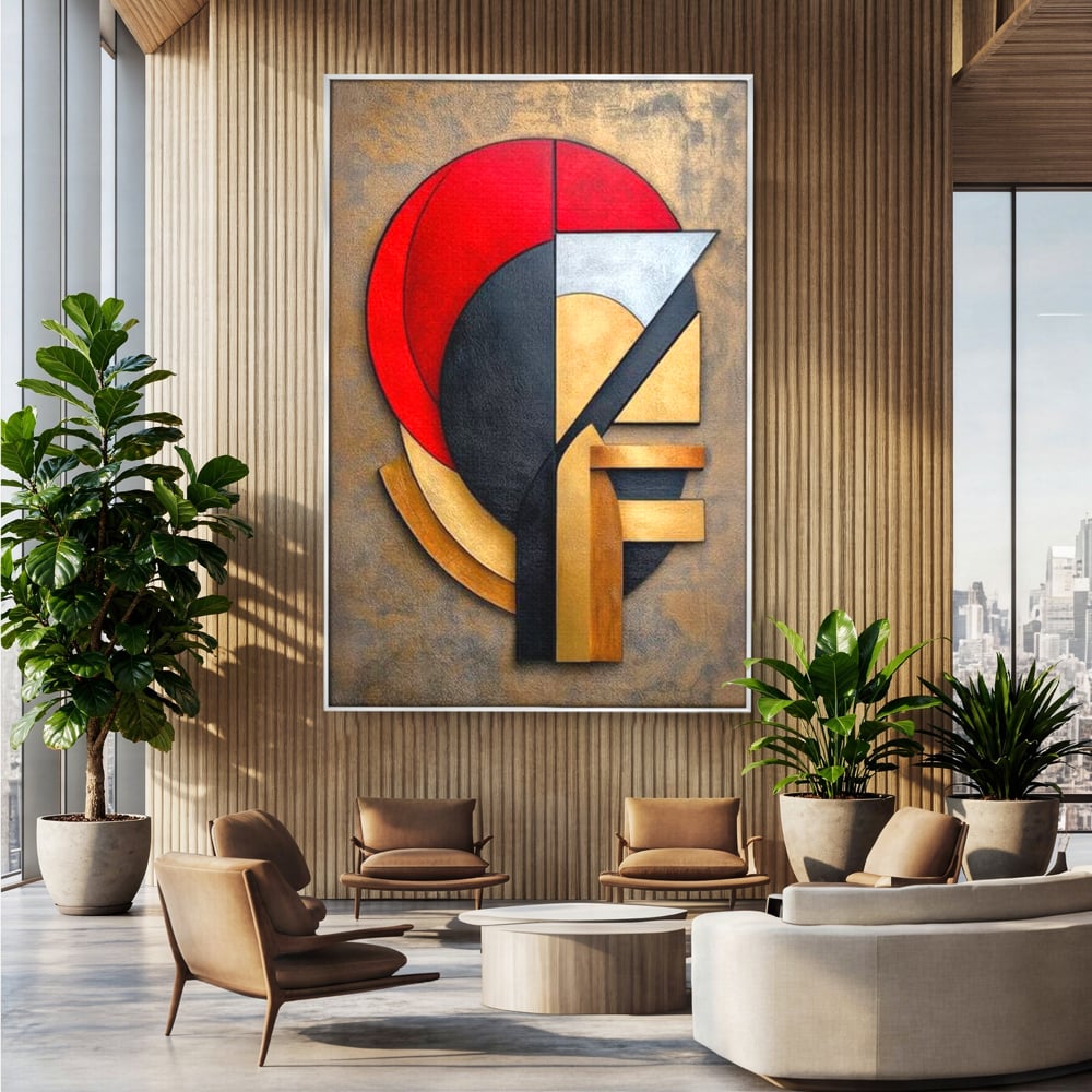 Tablou Canvas Premium, LuxCanva® J1001, Chip Fragmentat, Chip, Stilizat, Forme, Suprapus, Rosu. Galben, Echilibru, Disociere, Arta, Expozitie, Artist, Living, Dormitor