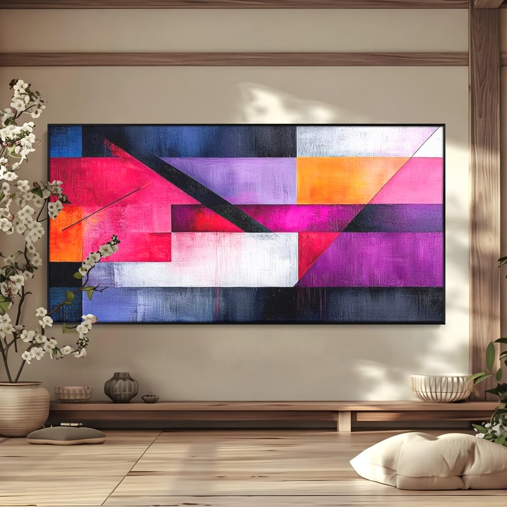 Leinwand Premium Canvas Wandkunst, LuxCanva® J1002, Abstrakte Horizonte, Fragmente, Chromatisch, Horizonte, Linien, Lila, Rot, Explosion, Urban, Kunst, Dekor, Wohnen, Schlafzimmer