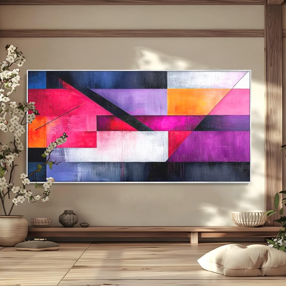 Leinwand Premium Canvas Wandkunst, LuxCanva® J1002, Abstrakte Horizonte, Fragmente, Chromatisch, Horizonte, Linien, Lila, Rot, Explosion, Urban, Kunst, Dekor, Wohnen, Schlafzimmer