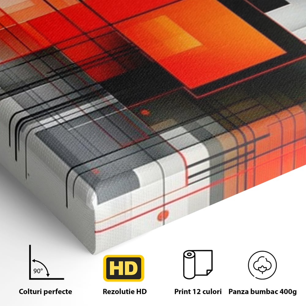 Tablou Canvas Premium, LuxCanva® J1003, Metropola In Rosu, Structuri, Forme, Grile, Linii, Armonie, Digital, Tehnic, Dinamism, Haotic, Industrial, Living, Dormitor