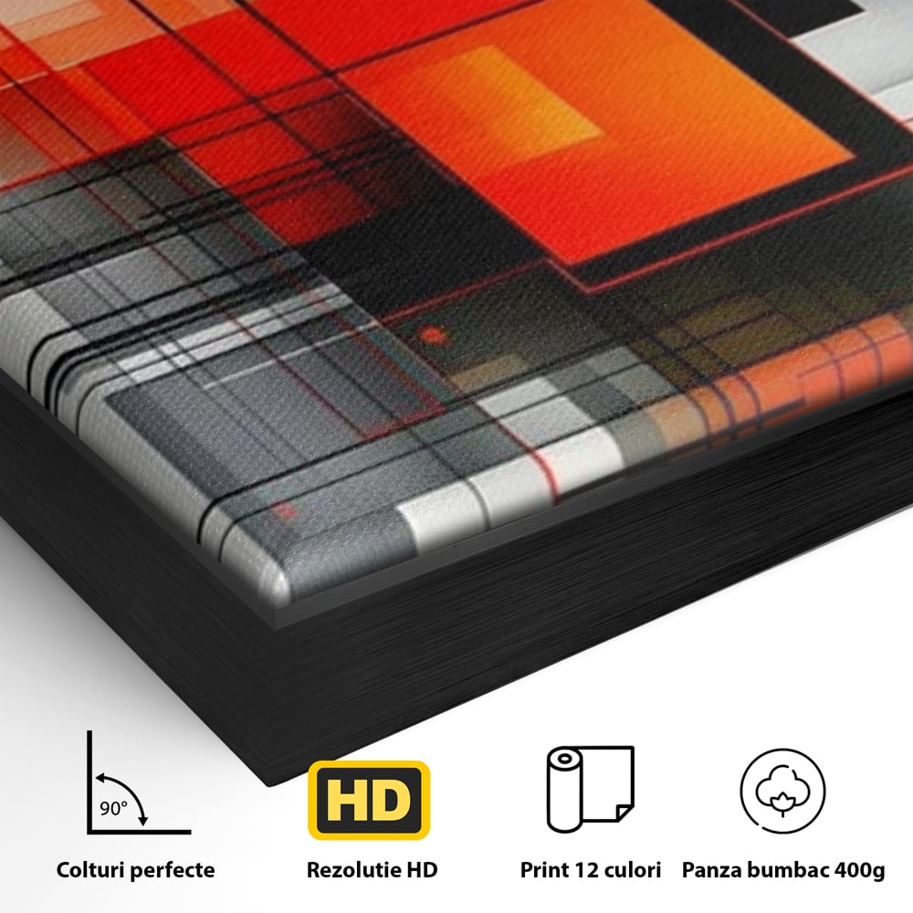 Tablou Canvas Premium, LuxCanva® J1003, Metropola In Rosu, Structuri, Forme, Grile, Linii, Armonie, Digital, Tehnic, Dinamism, Haotic, Industrial, Living, Dormitor