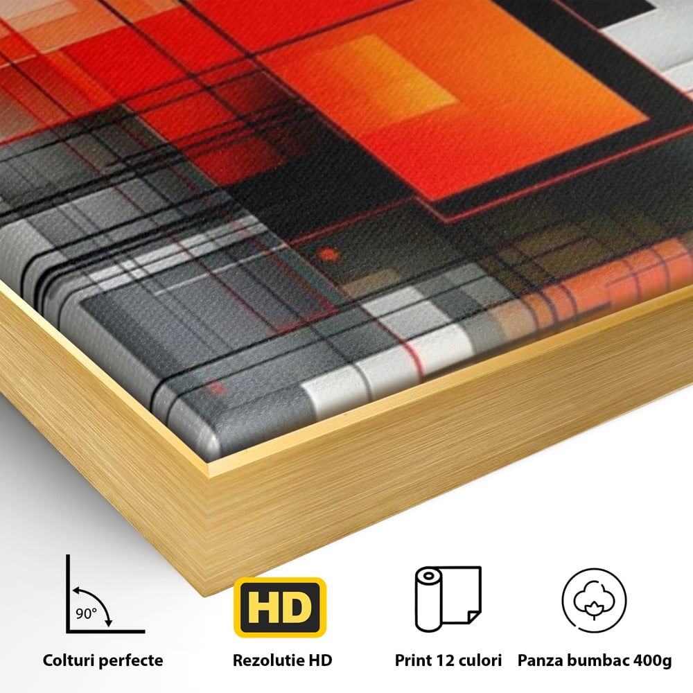 Tablou Canvas Premium, LuxCanva® J1003, Metropola In Rosu, Structuri, Forme, Grile, Linii, Armonie, Digital, Tehnic, Dinamism, Haotic, Industrial, Living, Dormitor