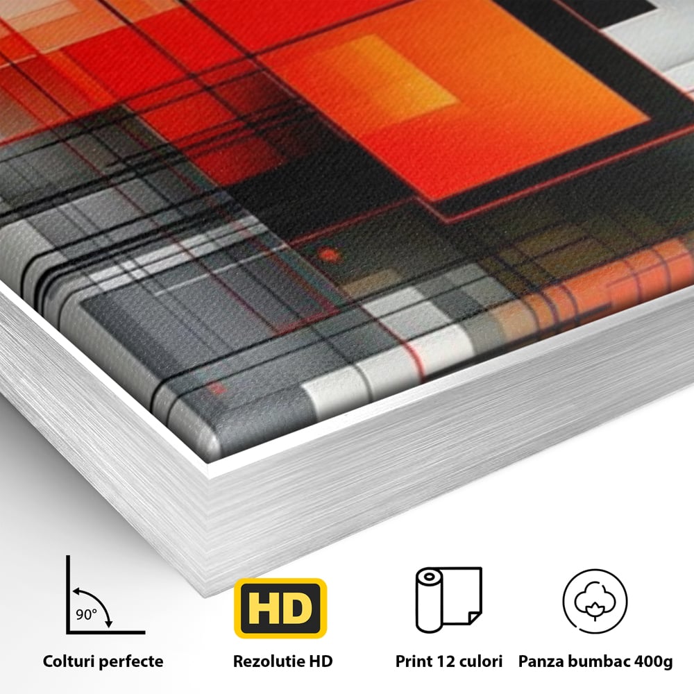 Tablou Canvas Premium, LuxCanva® J1003, Metropola In Rosu, Structuri, Forme, Grile, Linii, Armonie, Digital, Tehnic, Dinamism, Haotic, Industrial, Living, Dormitor