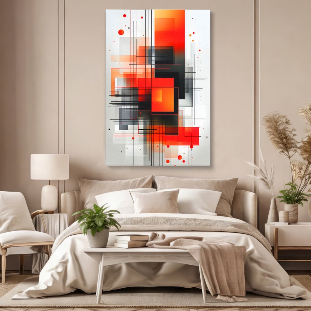 Tablou Canvas Premium, LuxCanva® J1003, Metropola In Rosu, Structuri, Forme, Grile, Linii, Armonie, Digital, Tehnic, Dinamism, Haotic, Industrial, Living, Dormitor