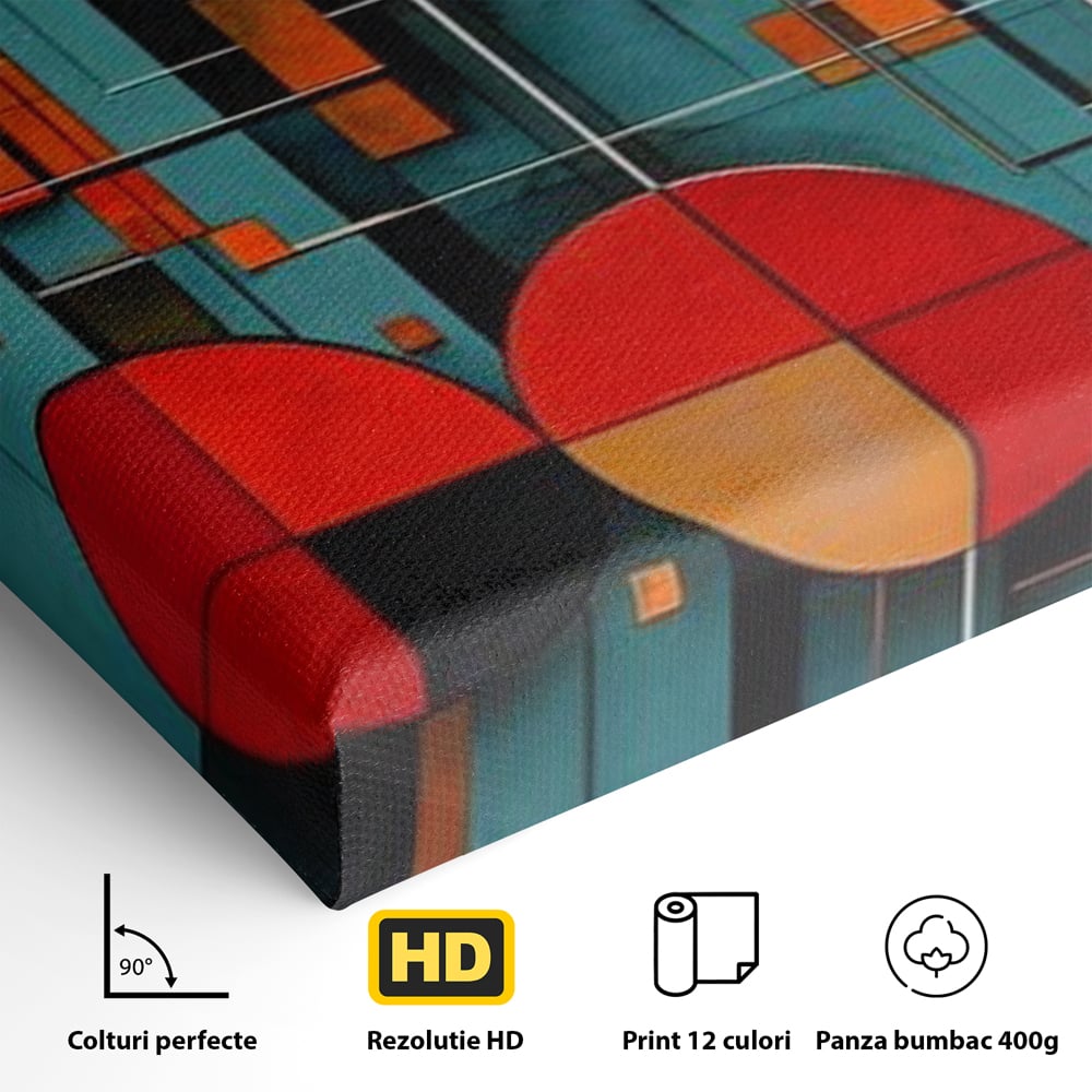 Tablou Canvas Premium, LuxCanva® J1005, Baletul Cercurilor, Coregrafie, Simfonie, Armonii, Compozitie, Circular, Rosu, Turcoaz, Echilibru, Bauhaus, Living, Dormitor