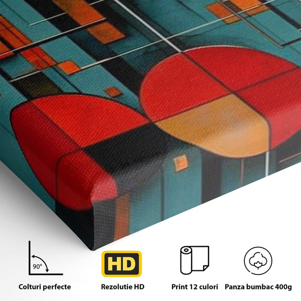 Tablou Canvas Premium, LuxCanva® J1005, Baletul Cercurilor, Coregrafie, Simfonie, Armonii, Compozitie, Circular, Rosu, Turcoaz, Echilibru, Bauhaus, Living, Dormitor