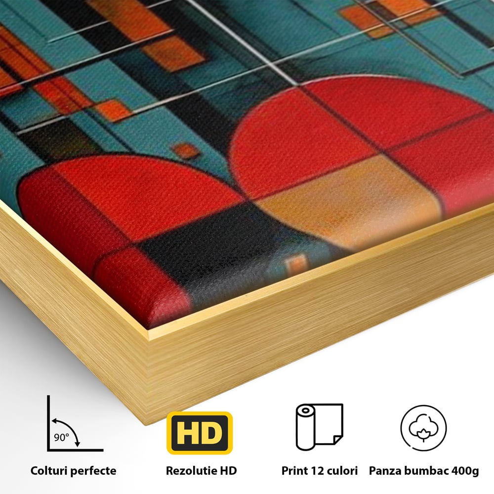 Tablou Canvas Premium, LuxCanva® J1005, Baletul Cercurilor, Coregrafie, Simfonie, Armonii, Compozitie, Circular, Rosu, Turcoaz, Echilibru, Bauhaus, Living, Dormitor