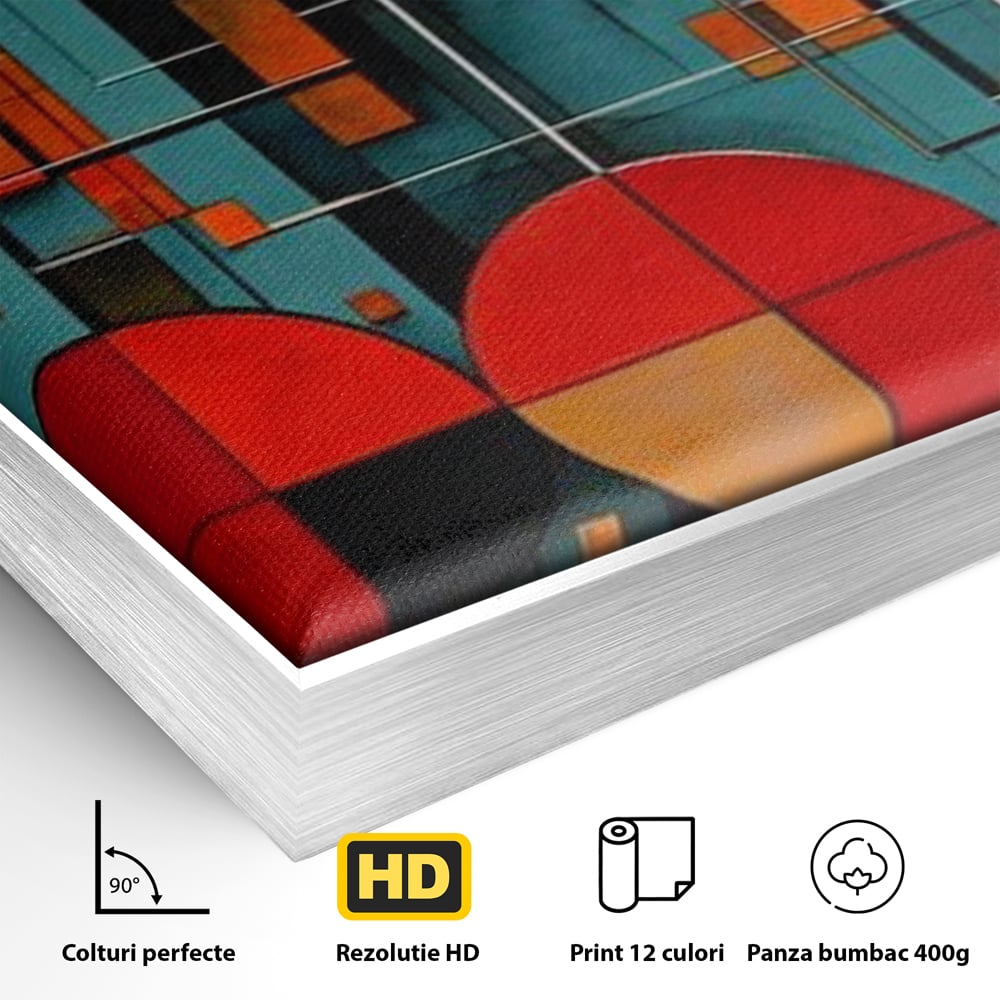 Tablou Canvas Premium, LuxCanva® J1005, Baletul Cercurilor, Coregrafie, Simfonie, Armonii, Compozitie, Circular, Rosu, Turcoaz, Echilibru, Bauhaus, Living, Dormitor