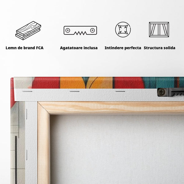 Tablou Canvas Premium, LuxCanva® J1005, Baletul Cercurilor, Coregrafie, Simfonie, Armonii, Compozitie, Circular, Rosu, Turcoaz, Echilibru, Bauhaus, Living, Dormitor