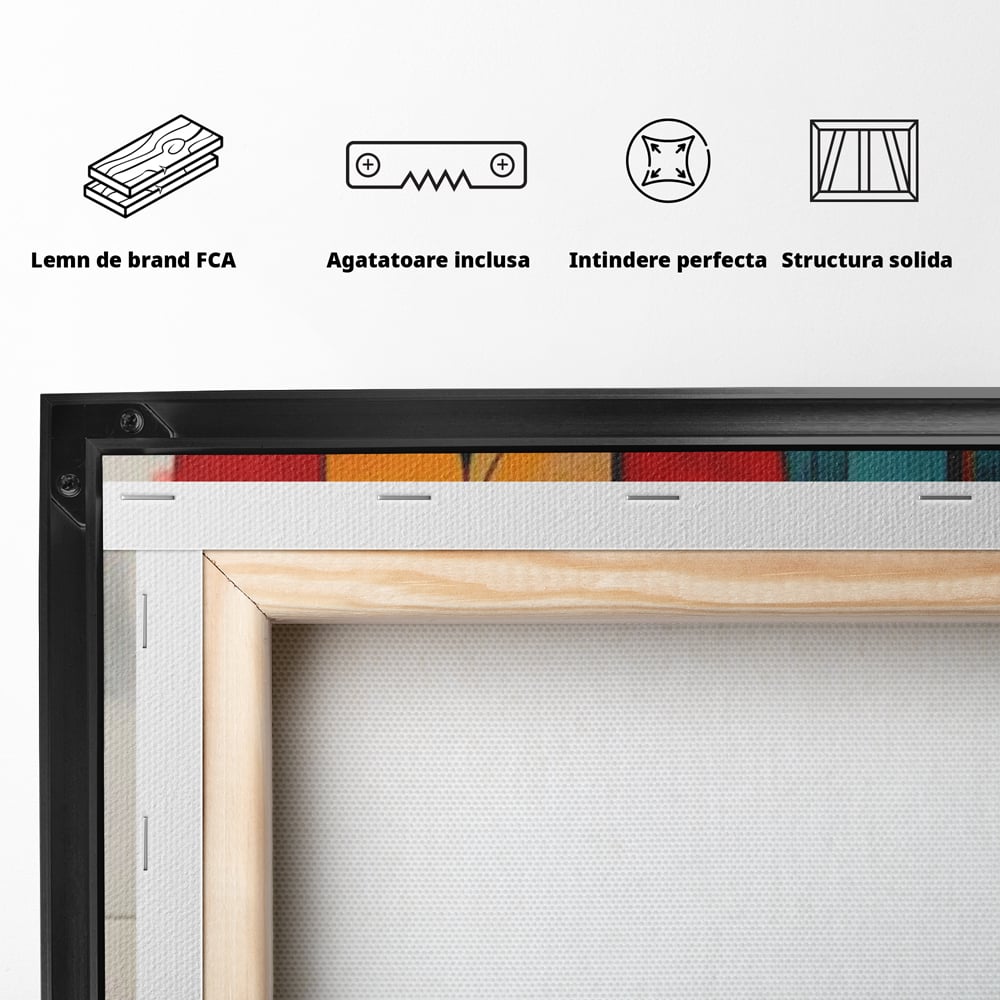 Tablou Canvas Premium, LuxCanva® J1005, Baletul Cercurilor, Coregrafie, Simfonie, Armonii, Compozitie, Circular, Rosu, Turcoaz, Echilibru, Bauhaus, Living, Dormitor