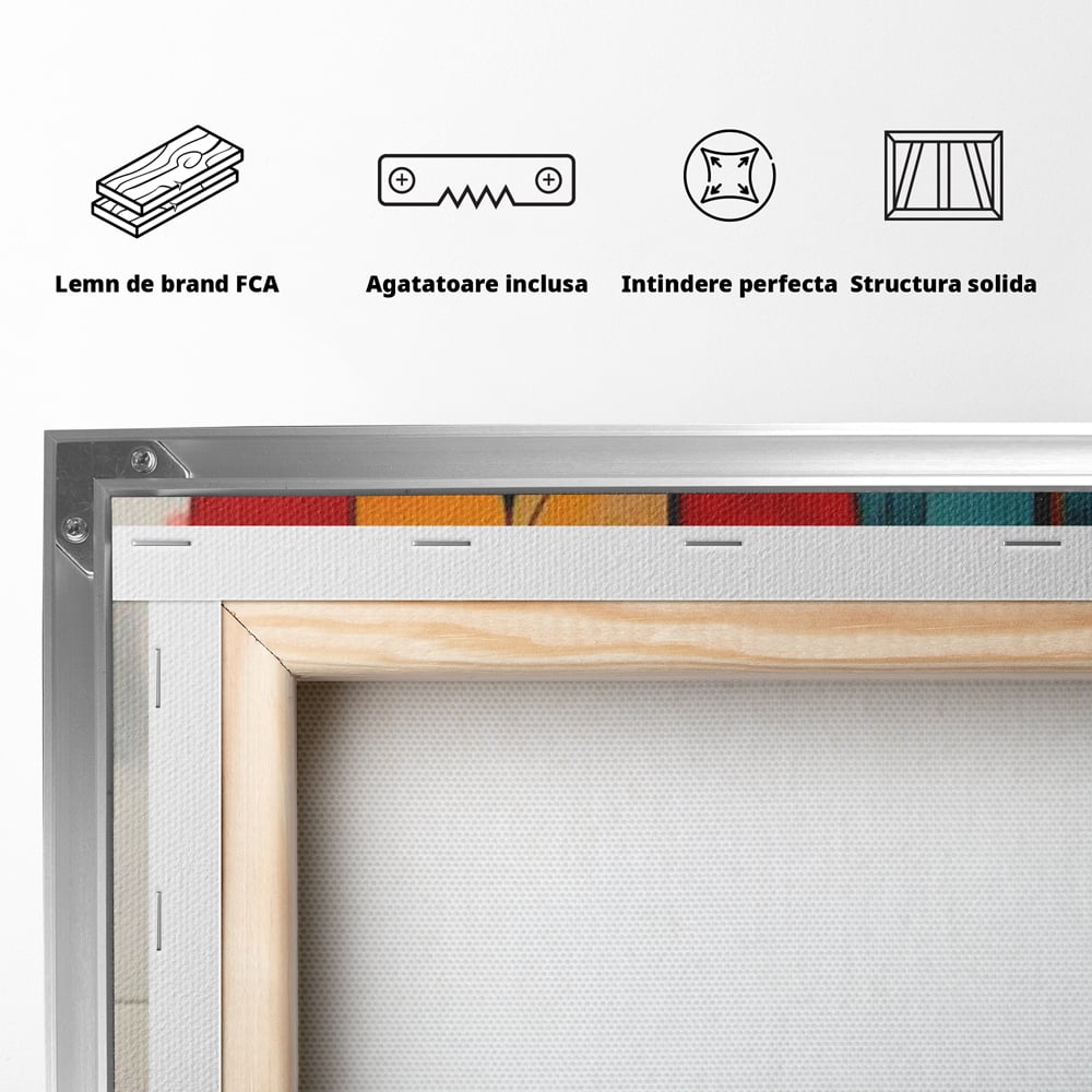 Tablou Canvas Premium, LuxCanva® J1005, Baletul Cercurilor, Coregrafie, Simfonie, Armonii, Compozitie, Circular, Rosu, Turcoaz, Echilibru, Bauhaus, Living, Dormitor
