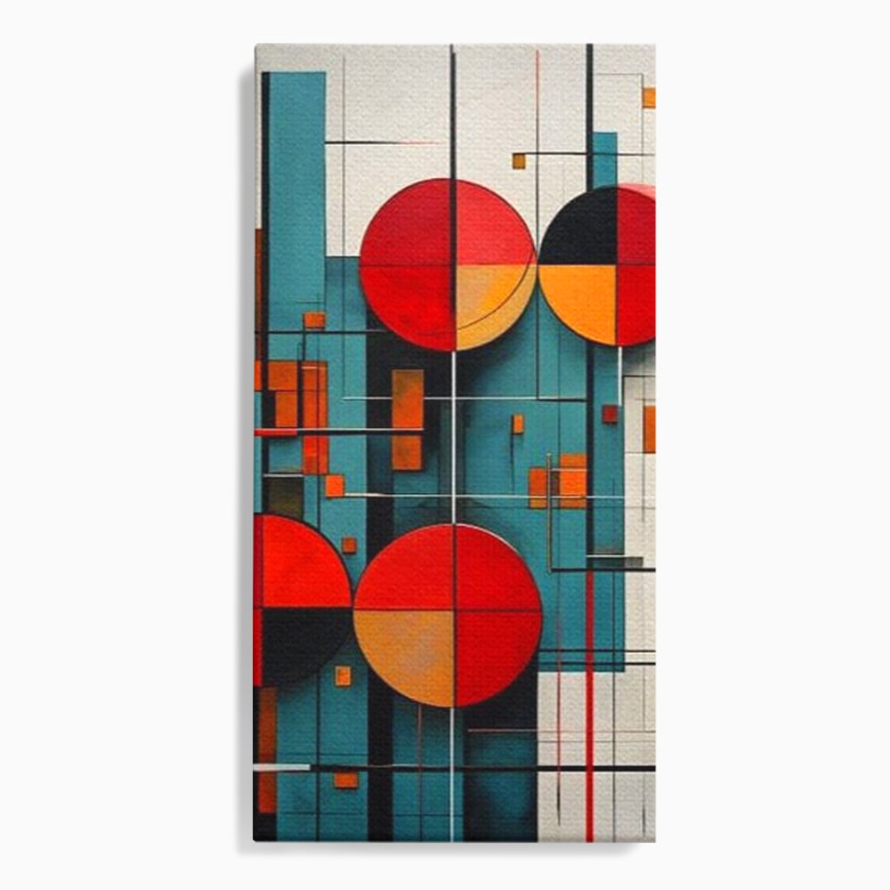 Tablou Canvas Premium, LuxCanva® J1005, Baletul Cercurilor, Coregrafie, Simfonie, Armonii, Compozitie, Circular, Rosu, Turcoaz, Echilibru, Bauhaus, Living, Dormitor