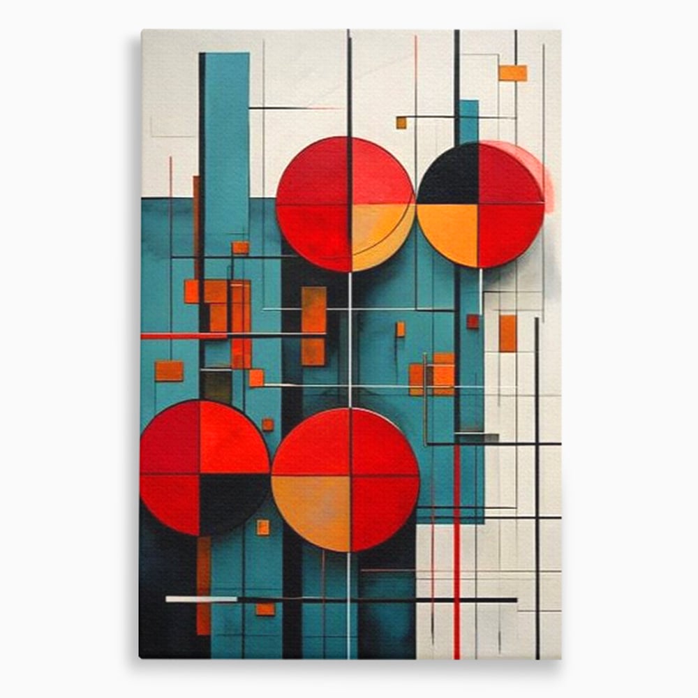Tablou Canvas Premium, LuxCanva® J1005, Baletul Cercurilor, Coregrafie, Simfonie, Armonii, Compozitie, Circular, Rosu, Turcoaz, Echilibru, Bauhaus, Living, Dormitor