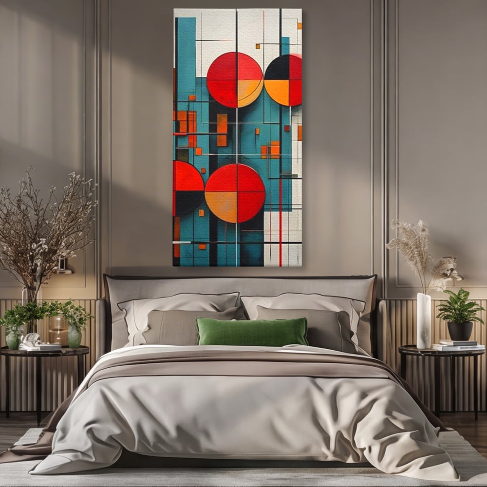 Tablou Canvas Premium, LuxCanva® J1005, Baletul Cercurilor, Coregrafie, Simfonie, Armonii, Compozitie, Circular, Rosu, Turcoaz, Echilibru, Bauhaus, Living, Dormitor