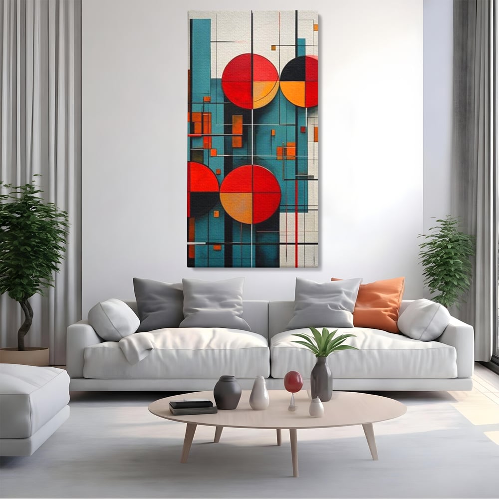 Tablou Canvas Premium, LuxCanva® J1005, Baletul Cercurilor, Coregrafie, Simfonie, Armonii, Compozitie, Circular, Rosu, Turcoaz, Echilibru, Bauhaus, Living, Dormitor
