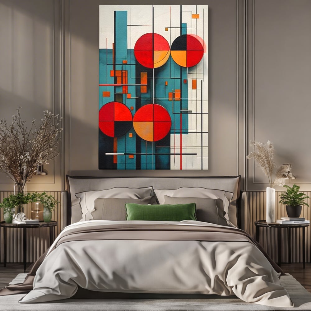 Tablou Canvas Premium, LuxCanva® J1005, Baletul Cercurilor, Coregrafie, Simfonie, Armonii, Compozitie, Circular, Rosu, Turcoaz, Echilibru, Bauhaus, Living, Dormitor