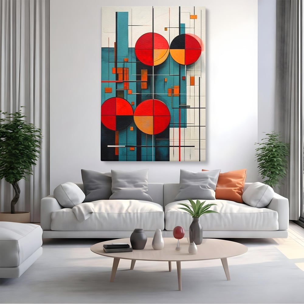 Tablou Canvas Premium, LuxCanva® J1005, Baletul Cercurilor, Coregrafie, Simfonie, Armonii, Compozitie, Circular, Rosu, Turcoaz, Echilibru, Bauhaus, Living, Dormitor
