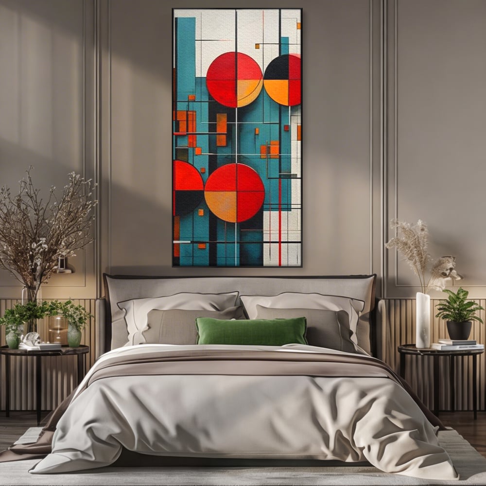Tablou Canvas Premium, LuxCanva® J1005, Baletul Cercurilor, Coregrafie, Simfonie, Armonii, Compozitie, Circular, Rosu, Turcoaz, Echilibru, Bauhaus, Living, Dormitor