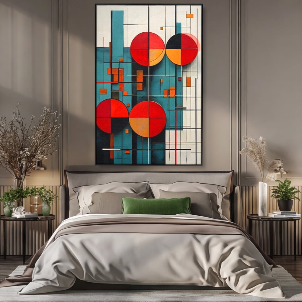 Tablou Canvas Premium, LuxCanva® J1005, Baletul Cercurilor, Coregrafie, Simfonie, Armonii, Compozitie, Circular, Rosu, Turcoaz, Echilibru, Bauhaus, Living, Dormitor