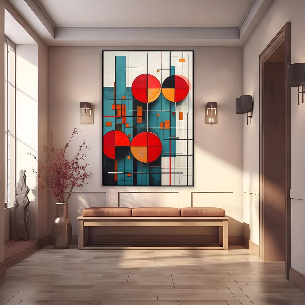 Tablou Canvas Premium, LuxCanva® J1005, Baletul Cercurilor, Coregrafie, Simfonie, Armonii, Compozitie, Circular, Rosu, Turcoaz, Echilibru, Bauhaus, Living, Dormitor