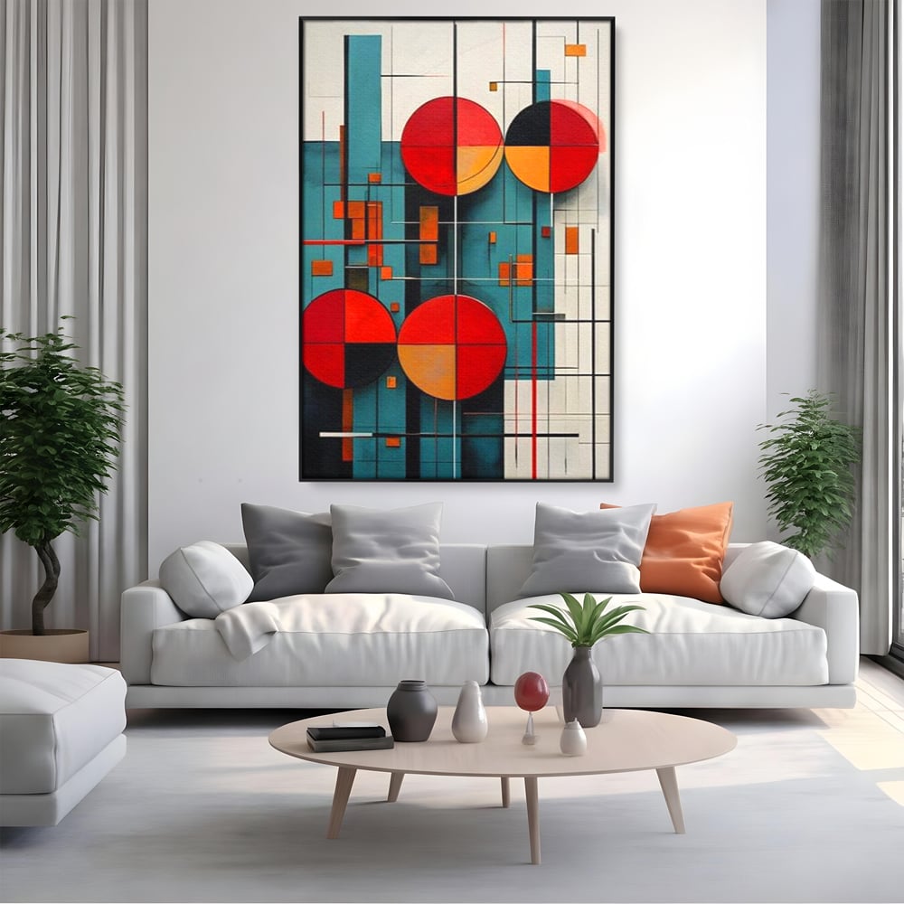 Tablou Canvas Premium, LuxCanva® J1005, Baletul Cercurilor, Coregrafie, Simfonie, Armonii, Compozitie, Circular, Rosu, Turcoaz, Echilibru, Bauhaus, Living, Dormitor