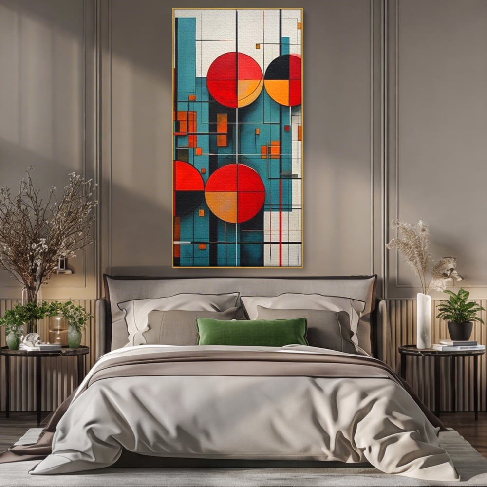 Tablou Canvas Premium, LuxCanva® J1005, Baletul Cercurilor, Coregrafie, Simfonie, Armonii, Compozitie, Circular, Rosu, Turcoaz, Echilibru, Bauhaus, Living, Dormitor