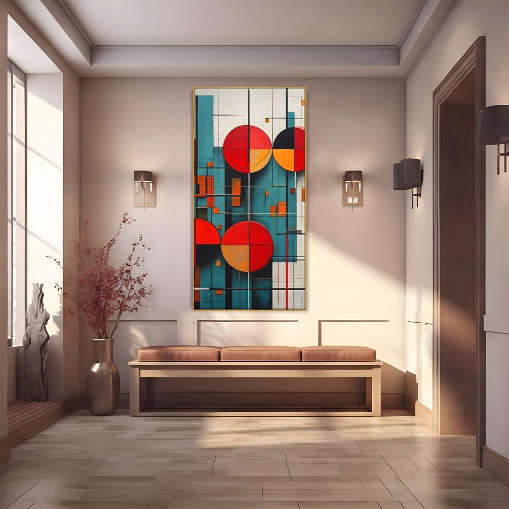 Tablou Canvas Premium, LuxCanva® J1005, Baletul Cercurilor, Coregrafie, Simfonie, Armonii, Compozitie, Circular, Rosu, Turcoaz, Echilibru, Bauhaus, Living, Dormitor