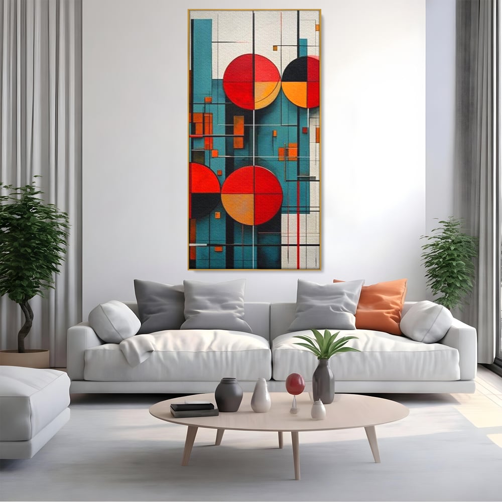 Tablou Canvas Premium, LuxCanva® J1005, Baletul Cercurilor, Coregrafie, Simfonie, Armonii, Compozitie, Circular, Rosu, Turcoaz, Echilibru, Bauhaus, Living, Dormitor