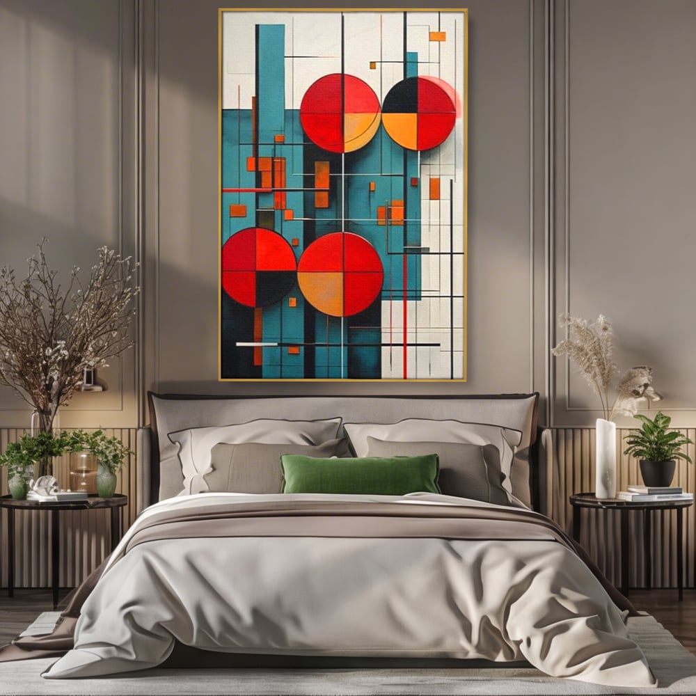 Tablou Canvas Premium, LuxCanva® J1005, Baletul Cercurilor, Coregrafie, Simfonie, Armonii, Compozitie, Circular, Rosu, Turcoaz, Echilibru, Bauhaus, Living, Dormitor