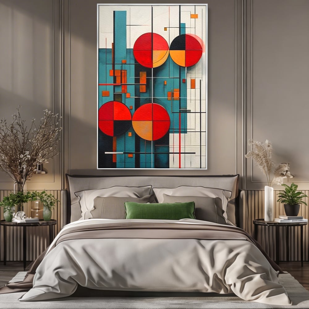 Tablou Canvas Premium, LuxCanva® J1005, Baletul Cercurilor, Coregrafie, Simfonie, Armonii, Compozitie, Circular, Rosu, Turcoaz, Echilibru, Bauhaus, Living, Dormitor