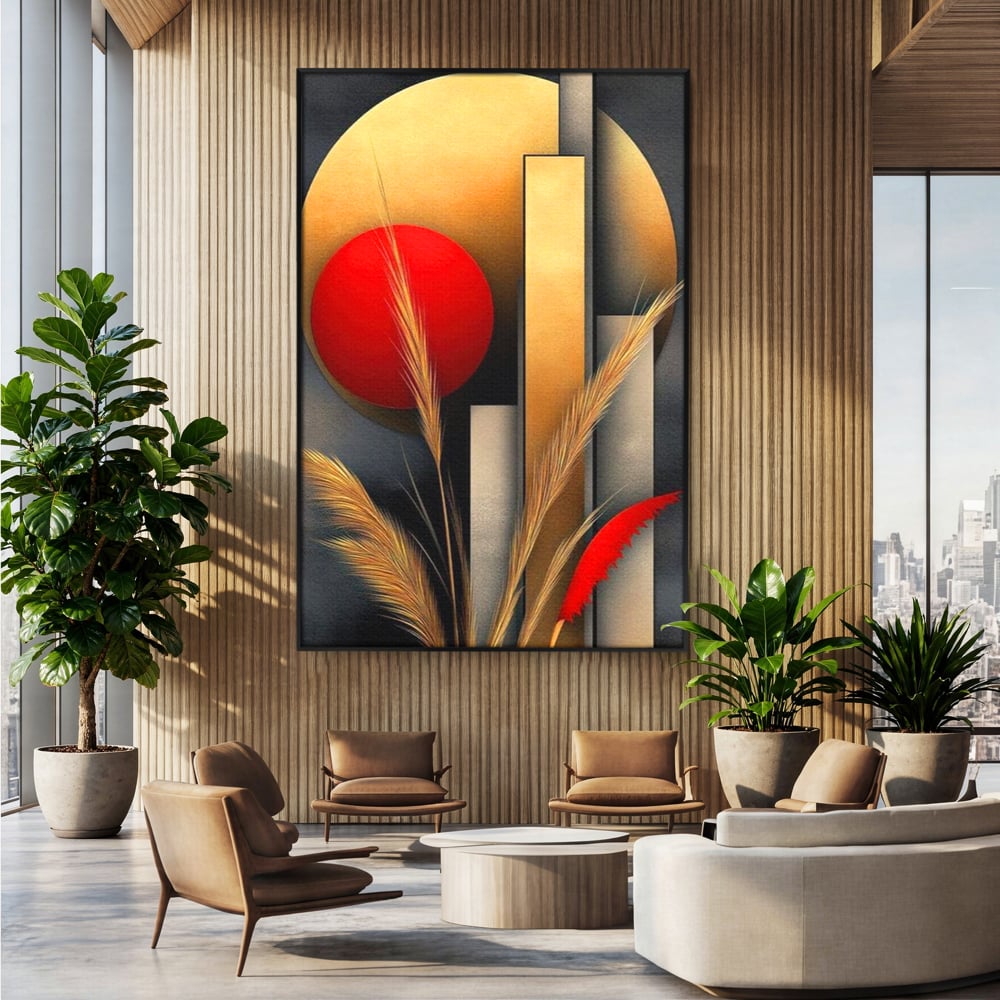 Leinwand Premium Canvas Wandkunst, LuxCanva® J1007, Herbstsonnenuntergang, Ernte, Gold, Herbst, Essenzen, Botanisch, Gewürz, Harmonie, Anmut, Anmutig, Kreise, Natur, Anspruchsvoll, Wohnen, Schlafzimmer