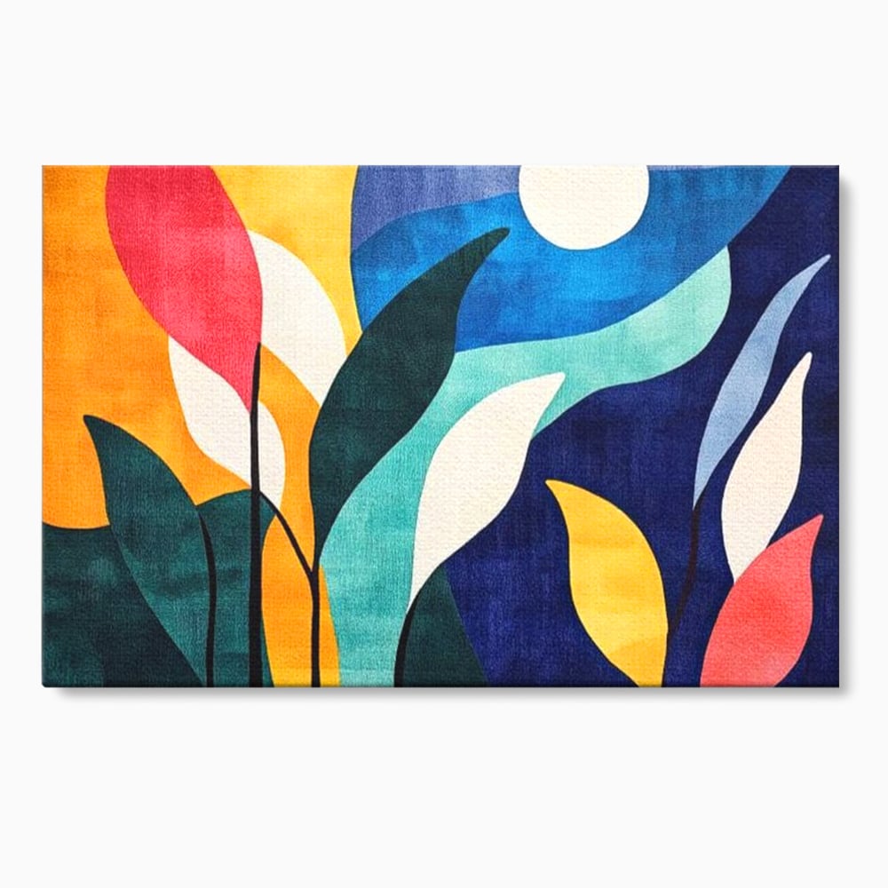 Tablou Canvas Premium, LuxCanva® J1009, Sub Lumina Lunii, Noapte, Tropicala, Gradina, Culori, Albastru, Ecosistem, Cromatic, Peisaj, Luna, Soare, Living, Dormitor