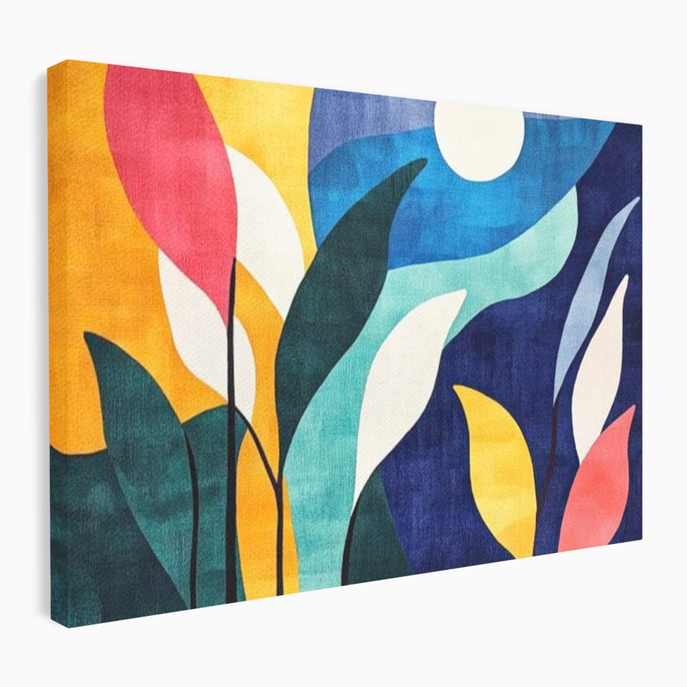 Tablou Canvas Premium, LuxCanva® J1009, Sub Lumina Lunii, Noapte, Tropicala, Gradina, Culori, Albastru, Ecosistem, Cromatic, Peisaj, Luna, Soare, Living, Dormitor