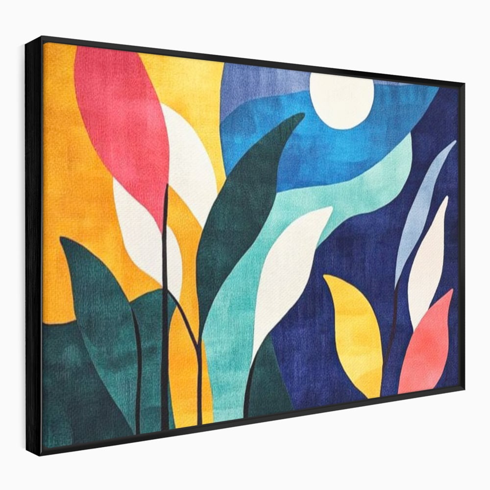 Tablou Canvas Premium, LuxCanva® J1009, Sub Lumina Lunii, Noapte, Tropicala, Gradina, Culori, Albastru, Ecosistem, Cromatic, Peisaj, Luna, Soare, Living, Dormitor
