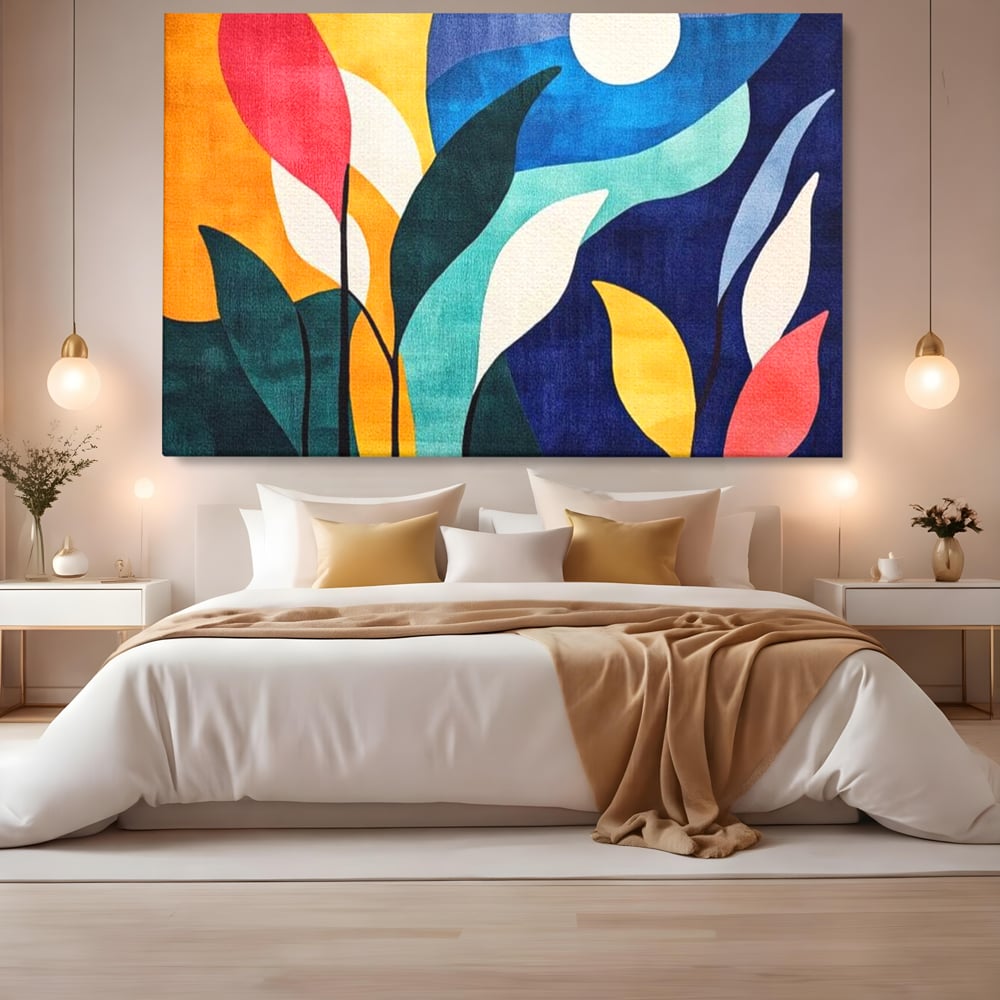 Tablou Canvas Premium, LuxCanva® J1009, Sub Lumina Lunii, Noapte, Tropicala, Gradina, Culori, Albastru, Ecosistem, Cromatic, Peisaj, Luna, Soare, Living, Dormitor