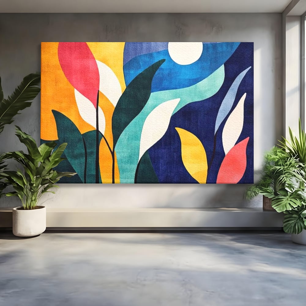 Tablou Canvas Premium, LuxCanva® J1009, Sub Lumina Lunii, Noapte, Tropicala, Gradina, Culori, Albastru, Ecosistem, Cromatic, Peisaj, Luna, Soare, Living, Dormitor