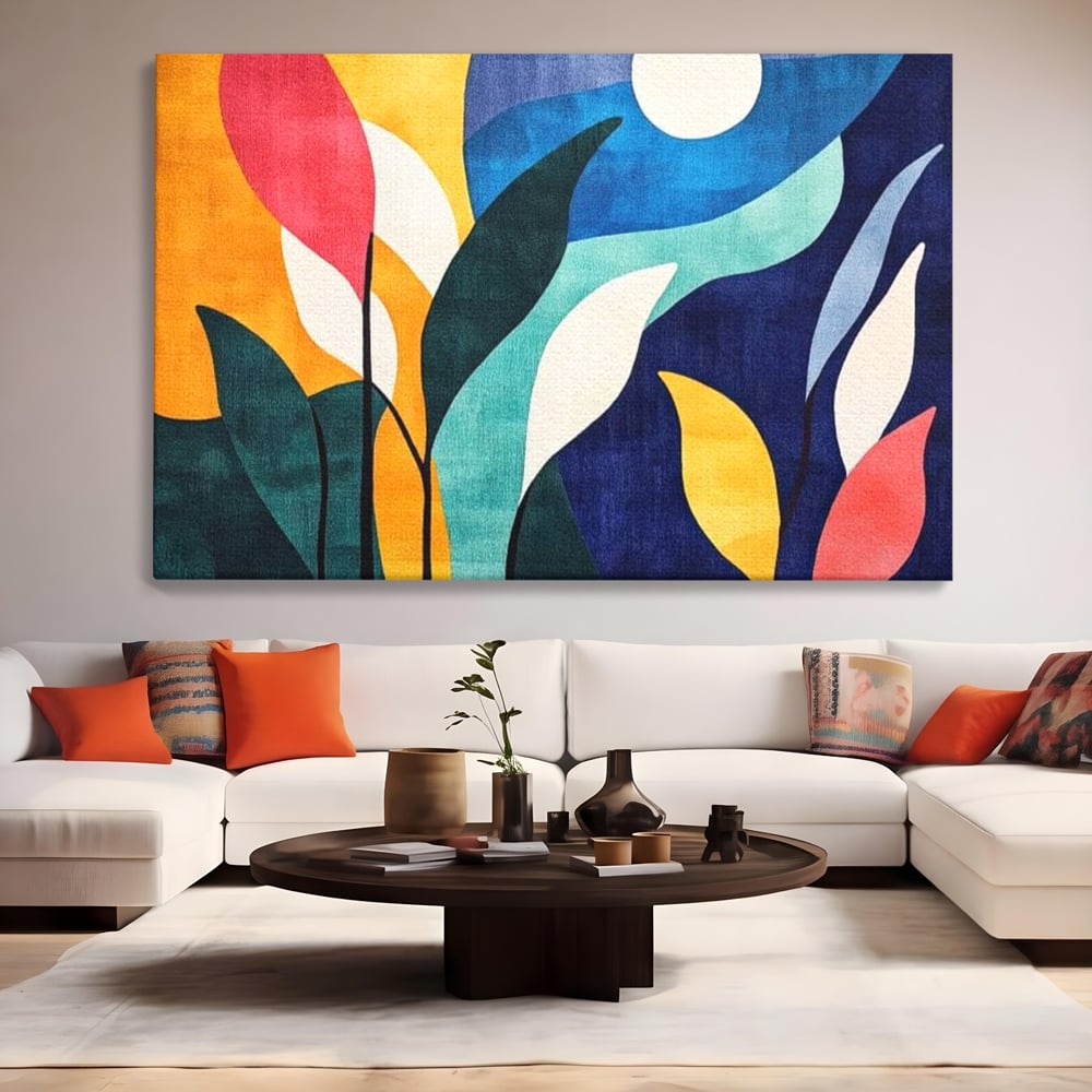 Tablou Canvas Premium, LuxCanva® J1009, Sub Lumina Lunii, Noapte, Tropicala, Gradina, Culori, Albastru, Ecosistem, Cromatic, Peisaj, Luna, Soare, Living, Dormitor