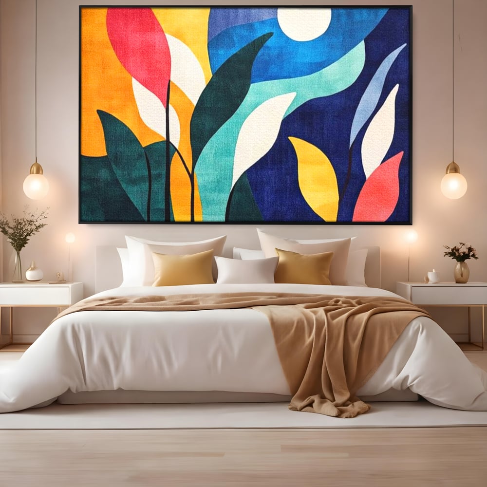 Tablou Canvas Premium, LuxCanva® J1009, Sub Lumina Lunii, Noapte, Tropicala, Gradina, Culori, Albastru, Ecosistem, Cromatic, Peisaj, Luna, Soare, Living, Dormitor