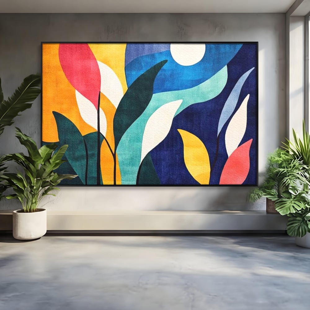 Tablou Canvas Premium, LuxCanva® J1009, Sub Lumina Lunii, Noapte, Tropicala, Gradina, Culori, Albastru, Ecosistem, Cromatic, Peisaj, Luna, Soare, Living, Dormitor