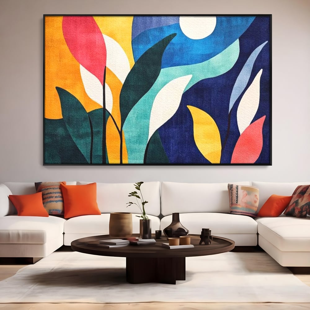 Tablou Canvas Premium, LuxCanva® J1009, Sub Lumina Lunii, Noapte, Tropicala, Gradina, Culori, Albastru, Ecosistem, Cromatic, Peisaj, Luna, Soare, Living, Dormitor
