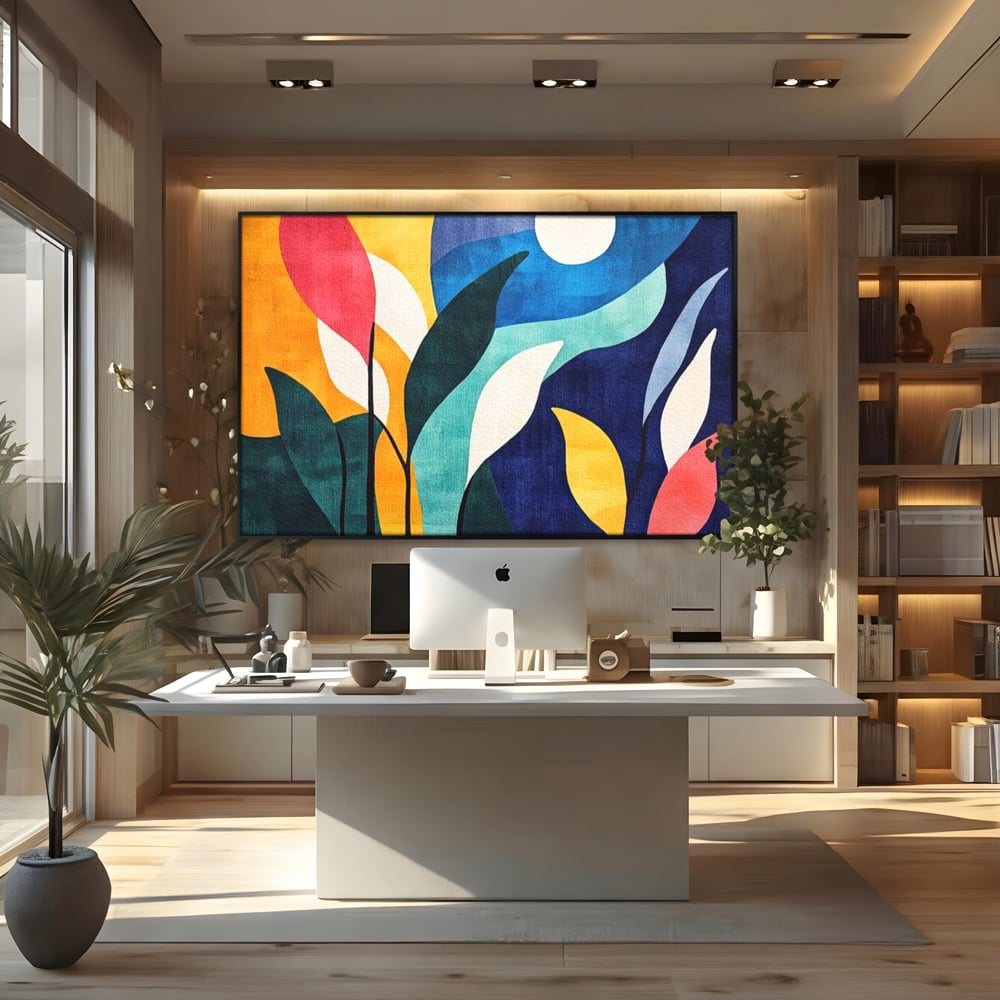 Tablou Canvas Premium, LuxCanva® J1009, Sub Lumina Lunii, Noapte, Tropicala, Gradina, Culori, Albastru, Ecosistem, Cromatic, Peisaj, Luna, Soare, Living, Dormitor