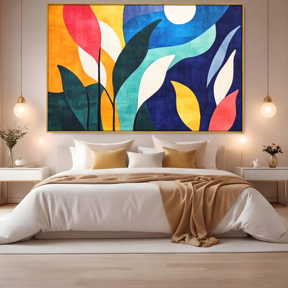 Tablou Canvas Premium, LuxCanva® J1009, Sub Lumina Lunii, Noapte, Tropicala, Gradina, Culori, Albastru, Ecosistem, Cromatic, Peisaj, Luna, Soare, Living, Dormitor